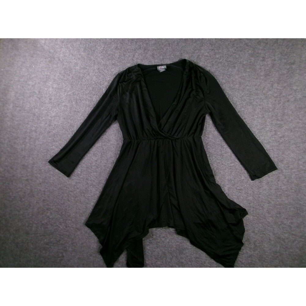 dots Tunic Womens M Black Long Sleeve Wrap Handkerchief Hem Empire Waist Stretch